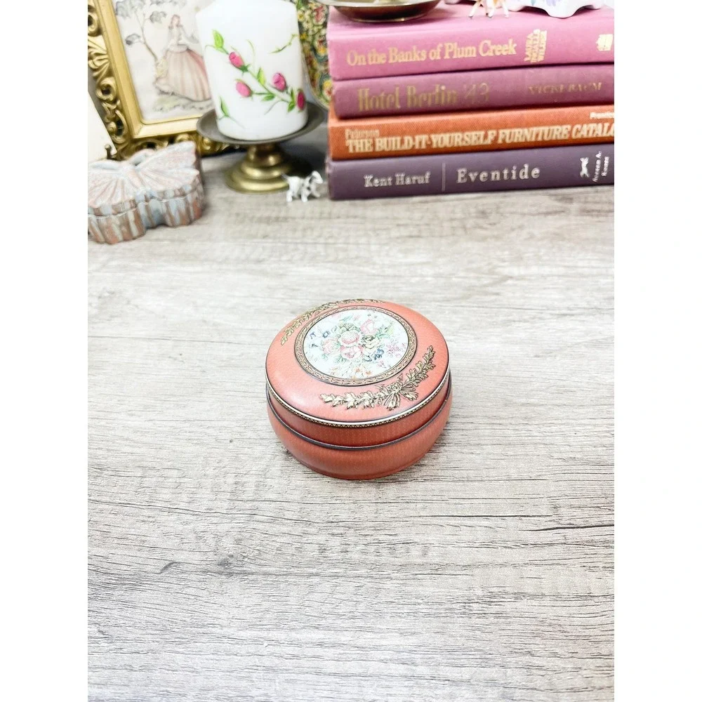 Vintage Pink Floral Tin, Gold Metal Storage Tin Made in England